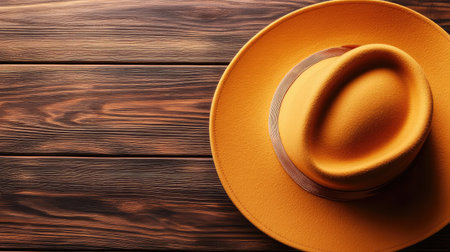 A close-up of a stylish wide-brim hat placed on a soft wooden surface, with space above for creative copy or text.の素材
