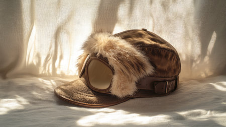 A close-up of a classic aviator hat with faux fur, placed on a soft cotton background with light streaming in from the side, leaving room for copy.の素材