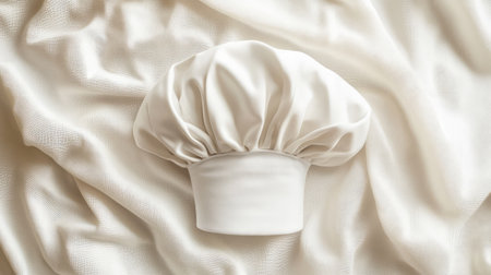 A close-up of a chef hat with a traditional design, placed on a light-colored surface, with plenty of room for text above.の素材