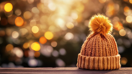 A cozy knitted winter hat with a pom-pom, resting on a wooden surface with a blurred background, providing space for copy.の素材