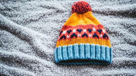 A colorful knit hat with patterns, resting on a textured fabric surface, with ample space above for copy.の素材