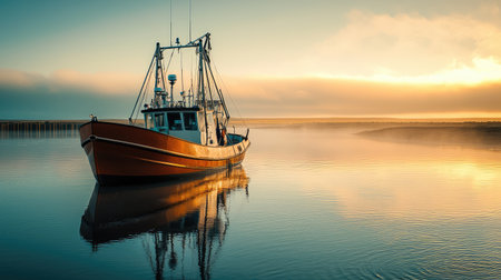 A fishing boat on a quiet river, with morning mist hovering over the water and plenty of copy space in the sky.の素材