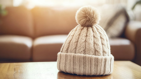 A cute beanie hat with a pom-pom placed on a wooden table, with sunlight filtering through and space for fashion text.の素材