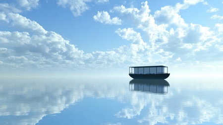 A container vessel navigating through calm seas with a pristine blue sky above, leaving room for messaging.の素材