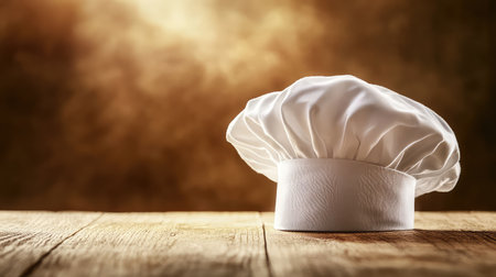 A fluffy white chef hat resting on a warm wooden surface, with soft light filtering in and space for messaging above.の素材