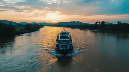 A ferry crossing a wide river, with scenic hills in the distance and plenty of space above for copy.の素材