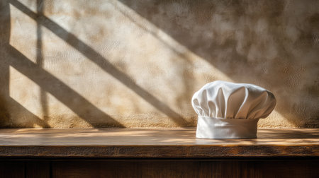 A neat chef hat placed on a rustic wooden counter, with soft shadows and room for text above.の素材