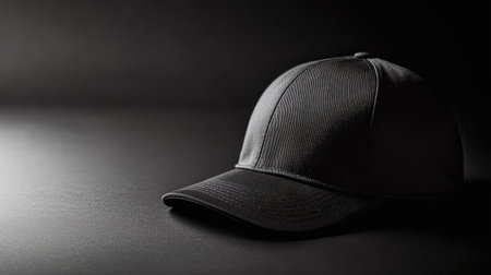 A sporty snapback cap on a smooth black surface with light reflections, creating ample space for text.の素材