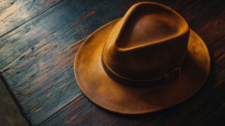 A luxury leather hat displayed on a dark wooden surface, with soft shadows and room for copy above.の素材
