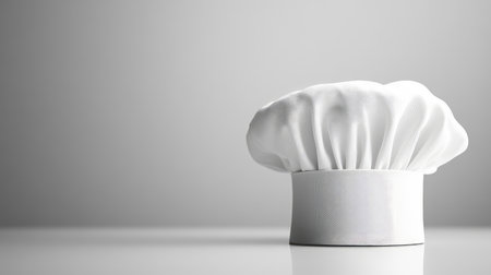 A pristine white chef hat sitting on a smooth surface, with natural lighting creating room for text.の素材