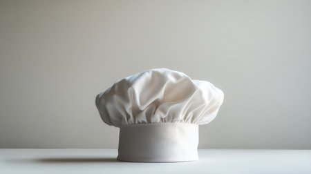 A pristine white chef hat sitting on a smooth surface, with natural lighting creating room for text.の素材