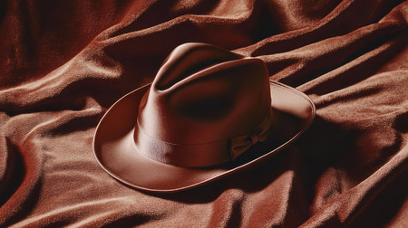 A silk fedora hat placed on a velvet fabric surface, with shadows creating a beautiful contrast and plenty of room for copy.の素材