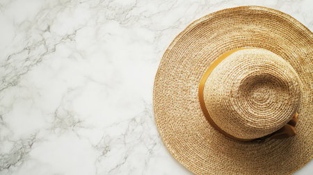 A straw sun hat on a white marble surface, with delicate textures and empty space above for fashion messaging.の素材
