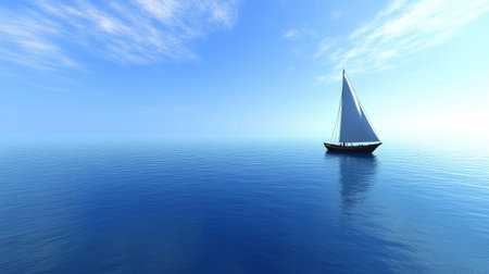 A small, elegant sailboat gliding across a calm ocean, with bright blue sky and open water space for copy.の素材