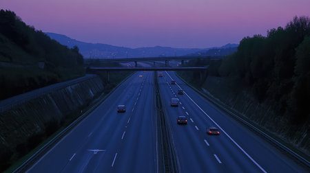A straight highway at dusk with soft purple skies above, leaving room for messages related to long drives and road adventures.の素材