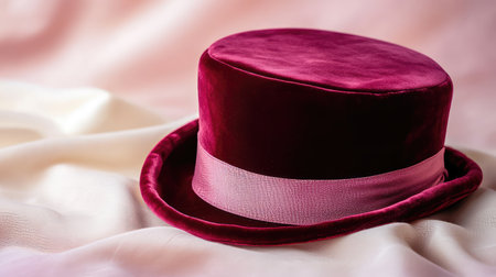 A luxurious velvet hat resting on a light-colored linen fabric, with a soft gradient background and space above for text.の素材