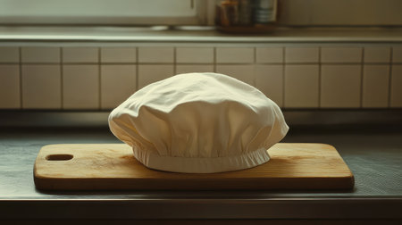 A simple white chef hat placed on a wooden cutting board, with soft natural light creating space for copy.の素材