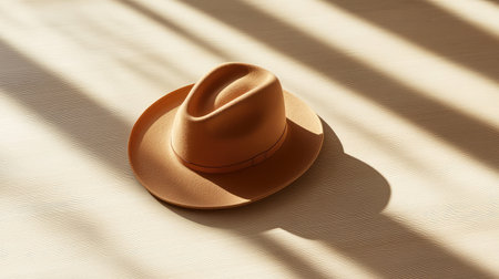 A wide-brim hat placed on a light wooden table, with soft lighting casting shadows and ample space above for text.の素材