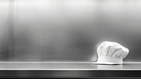 A white chef hat placed on a stainless steel kitchen surface, with clear space above for text.の素材