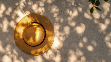 A wide-brim hat placed elegantly on a soft surface with gentle lighting and room for text or branding above.の素材
