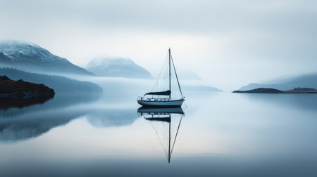 A tranquil scene of a sailboat floating on a calm bay with distant mountains, and the sky offering space for copy.の素材