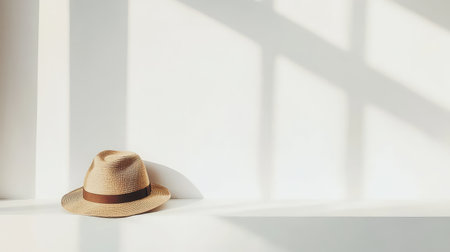 A stylish wide-brim hat placed on a clean white surface, with natural light highlighting its details and clear space for text.の素材