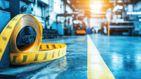 Bright yellow caution tape across a factory area near machines, with clear safety zones marked, and a clean, well-organized factory floor with copy space.の素材