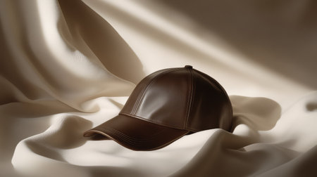 A sleek leather cap placed on a neutral-colored background with soft shadows and ample space above for copy.の素材