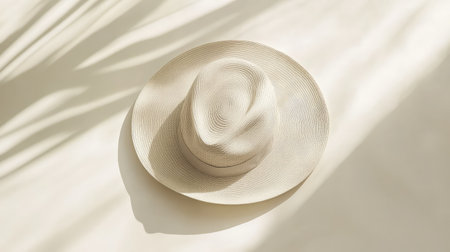 A wide-brim hat on a soft beige background, with subtle shadows and plenty of space for copy or branding messages above.の素材