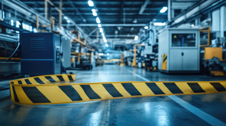 Bright yellow caution tape across a factory area near machines, with clear safety zones marked, and a clean, well-organized factory floor with copy space.の素材