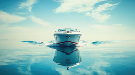 A speedboat cutting through the waves of a calm lake, with clear skies above and space for copy.の素材
