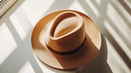 A wide-brim hat placed on a soft, neutral surface, with natural light streaming in and plenty of space for text above.の素材