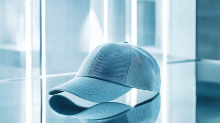 A trendy baseball cap on a reflective glass surface, surrounded by minimalistic decor and empty space for fashion text.の素材