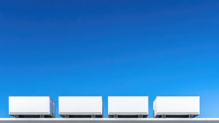 Cargo containers on a transport truck waiting to be loaded, with a clear blue sky in the background and space for copy about freight logistics.の素材