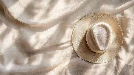 A wide-brim hat resting gently on a light surface, with soft natural light creating a calm ambiance and room for text above.の素材