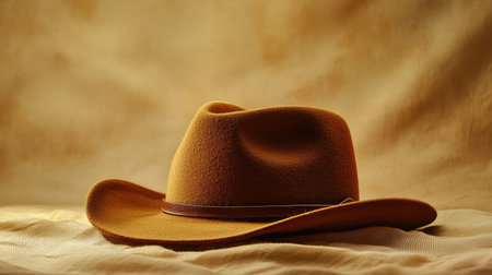 A stylish felt hat with a wide brim, resting on a beige surface, with soft light highlighting the details and room for copy.の素材