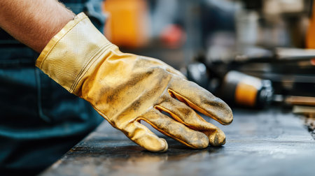 Close-up of a factory worker's protective gloves on a metal surface, with factory tools and machinery in the background, emphasizing safety and copy space.の素材