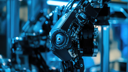 Close-up of a mechanical exoskeleton prototype, showcasing futuristic industrial technology with hydraulic and electronic components.の素材