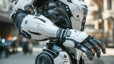 Close-up of a mechanical exoskeleton prototype, showcasing futuristic industrial technology with hydraulic and electronic components.の素材