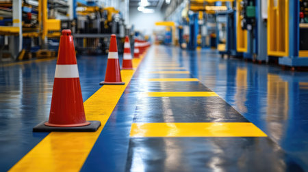Clear and visible factory floor safety markings indicating no-entry zones, safety cones, and caution tape, clean and organized with copy space.の素材