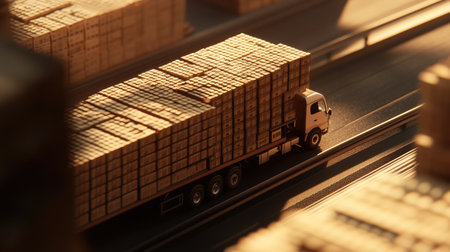 Close-up of a freight truck's cargo area filled with crates, with an open highway stretching ahead and space for transport copy above.の素材