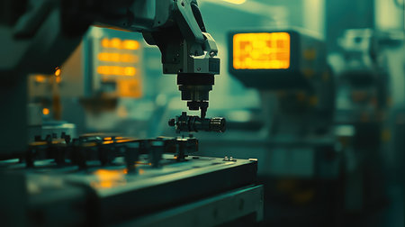 Close-up of an advanced robotic arm in a high-tech factory, gripping precision components with a glowing interface in the background.の素材
