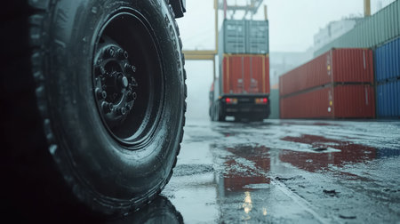 Close-up of a truck's wheel with a freight container in the background, highlighting the transport and logistics industry with ample space for copy.の素材