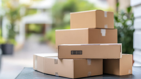 Close-up of a freight truck unloading goods at a distribution center, with boxes and pallets in the background, offering ample copy space.の素材