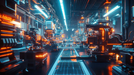Cybernetic factory environment with interconnected industrial machines, glowing fiber-optic cables, and AI-driven automation.の素材