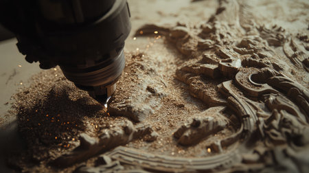 Close-up of a CNC machine cutting metal with precision, sparks flying as the tool carves intricate details into the material.の素材