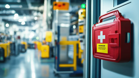 Close-up of factory floor first aid kit, mounted on the wall near a machine, with emergency signage in the background and space for safety-related text.の素材