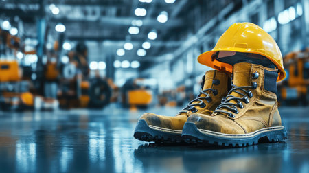 Close-up of factory floor safety equipment safety boots, gloves, and hard hat on a clean surface, with industrial machinery blurred in the background and copy space.の素材
