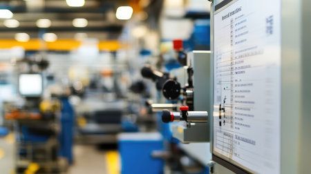Close-up of a safety poster on a factory wall, displaying guidelines for machine operation, with factory tools and equipment in the background and space for copy.の素材