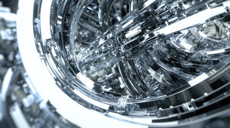 Close-up of precision-engineered metal gears inside a modern industrial machine, polished to a futuristic metallic sheen.の素材